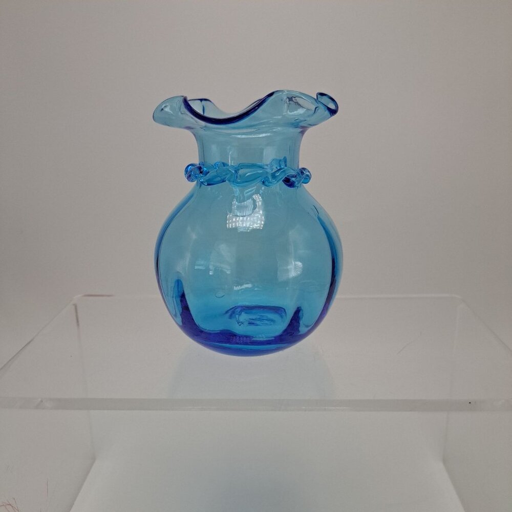 Pilgrim Ruffle Vase Hand Blown Blue Glass Clear Ribbed Applied